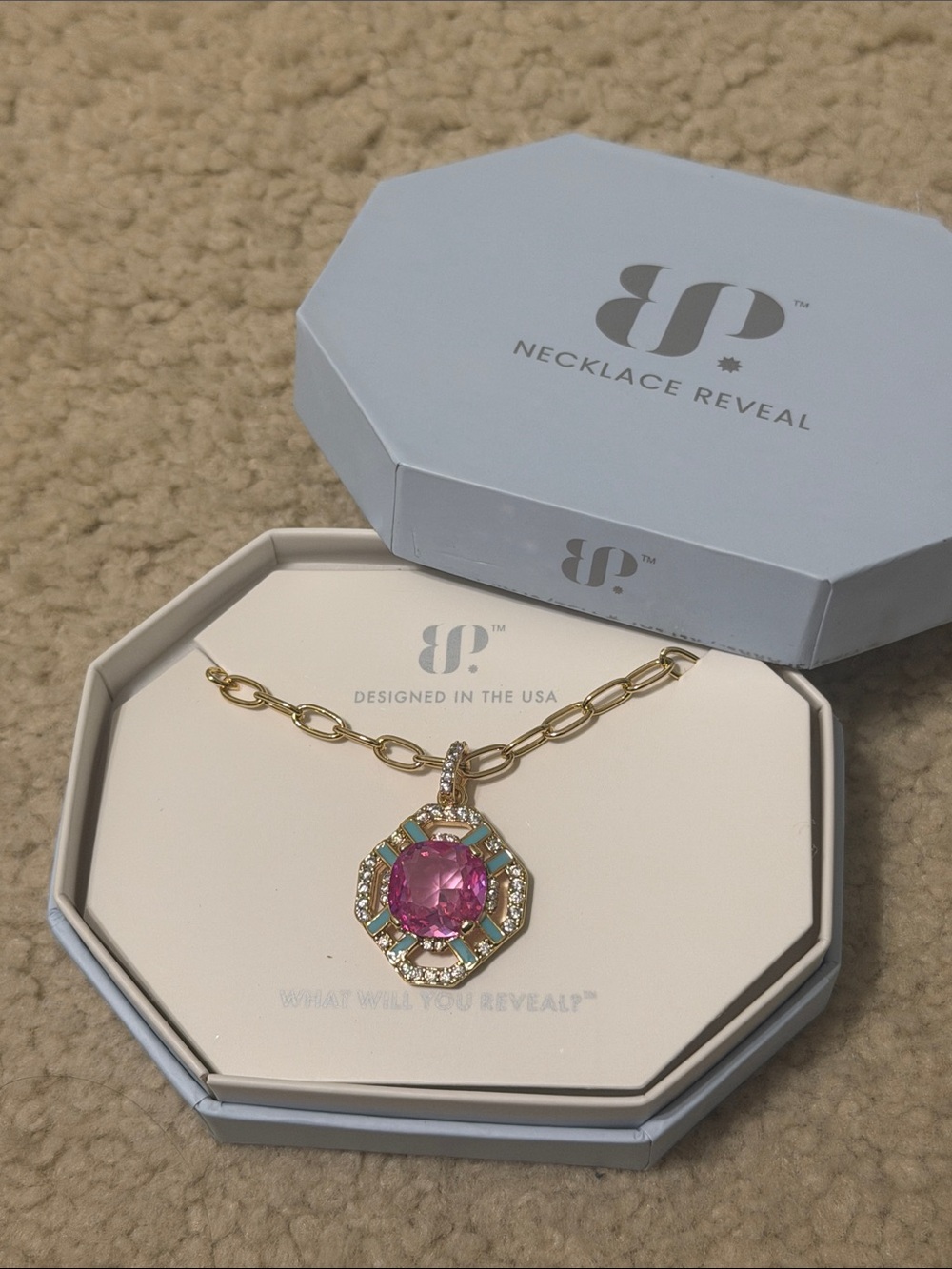 Bomb Party Gold Pendant Necklace with Pink Gemstone with enamel